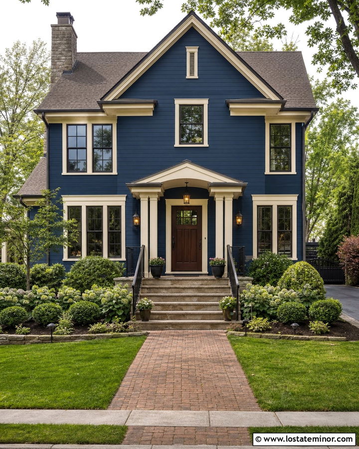 Denim Blue House With Cream Trim And Bronze Lights - 30 Denim Blue House Design With Lighting Ideas