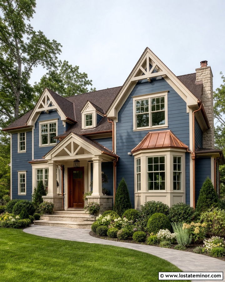 Denim Blue House With Cream Trim And Copper Accents - 30 Denim Blue House Design With Trim Ideas