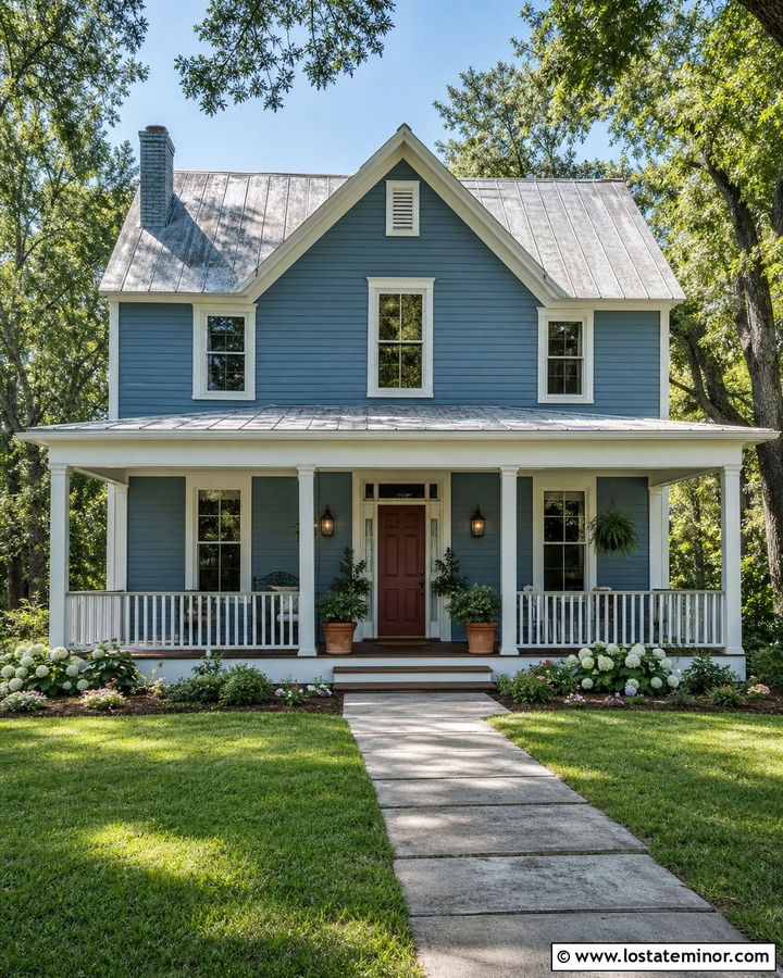 Denim Blue House With Cream Trim And Red Door - 30 Denim Blue House Design With Accents Ideas