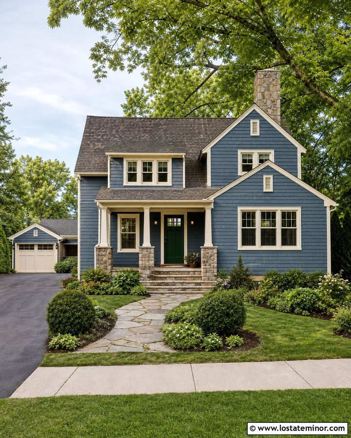 Denim Blue House With Cream Trim And Stone - 30 Denim Blue House Design With Stone Accents Ideas