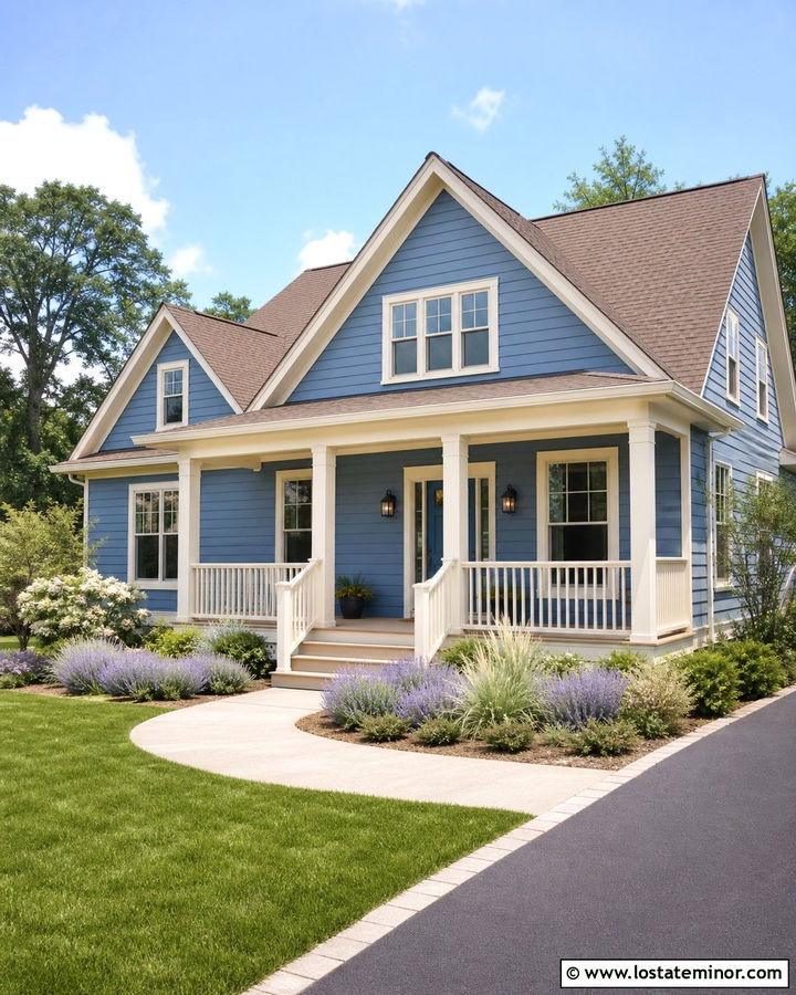 Denim Blue House With Cream Trim And Tan Deck - 30 Denim Blue House Design With Deck Ideas
