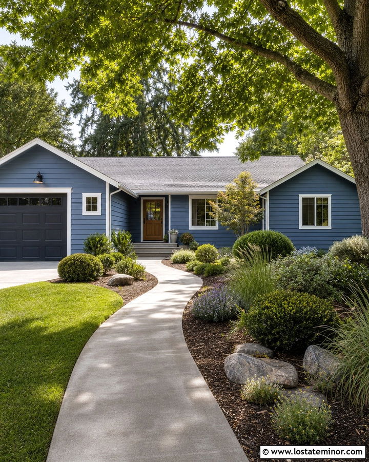 Denim Blue House With Curved Concrete Walkway - 30 Denim Blue House Design With Walkway Ideas