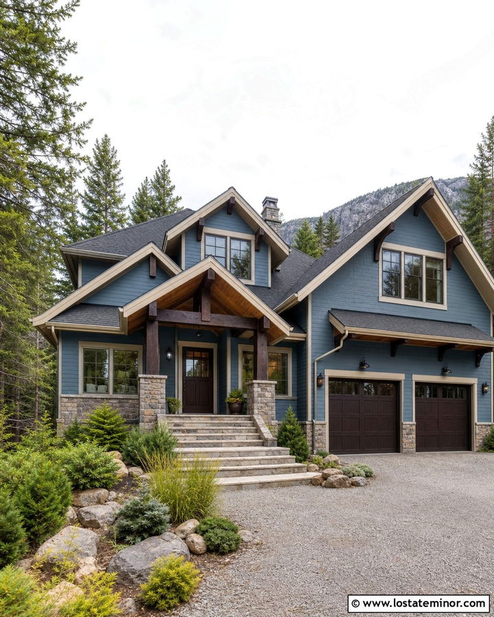 Denim Blue House With Dark Brown Front Door - 30 Denim Blue House Design With Entry Door Ideas