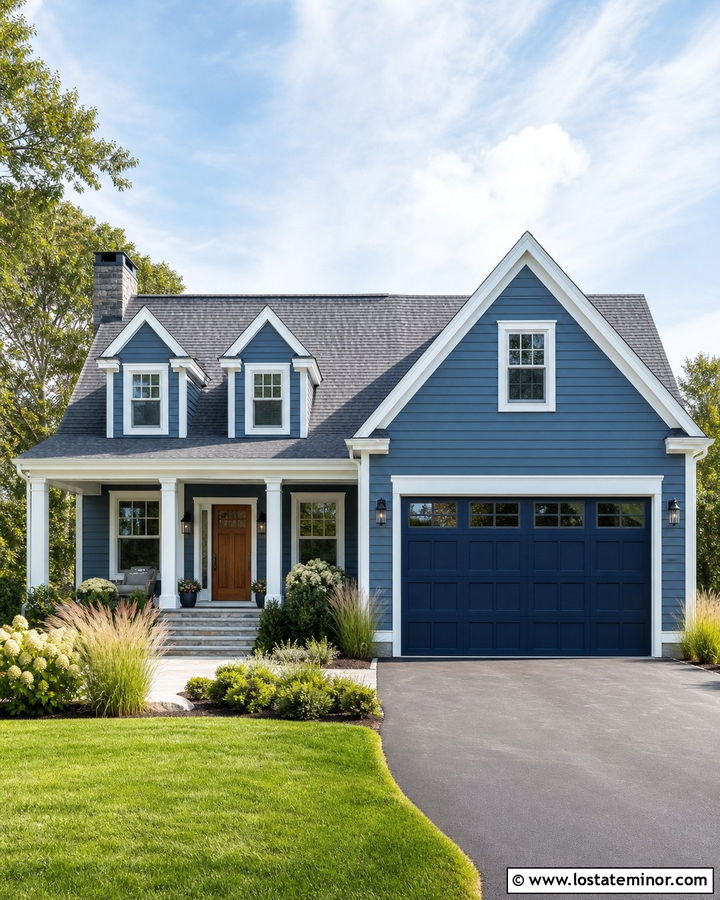 Denim Blue House With Dark Navy Garage Door - 30 Denim Blue House Design With Garage Door Ideas