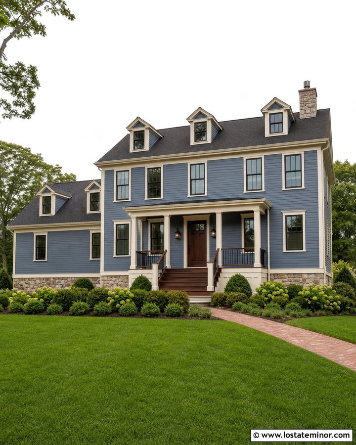 Denim Blue House With Dark Walnut Deck - 30 Denim Blue House Design With Deck Ideas