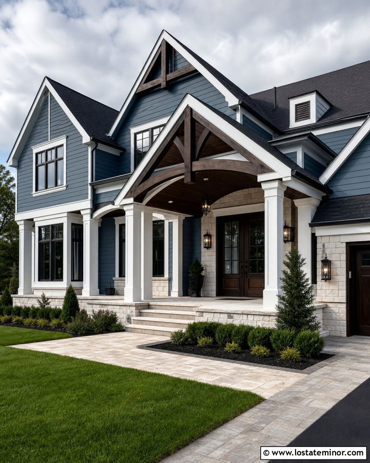 Denim Blue House With Dark Wood Porch Ceiling - 30 Denim Blue House Design With Porch Ceiling Ideas