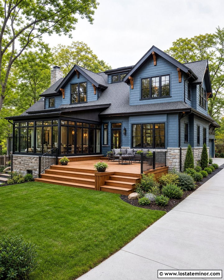 Denim Blue House With Deck And Sunroom - 30 Denim Blue House Design With Sunroom Ideas