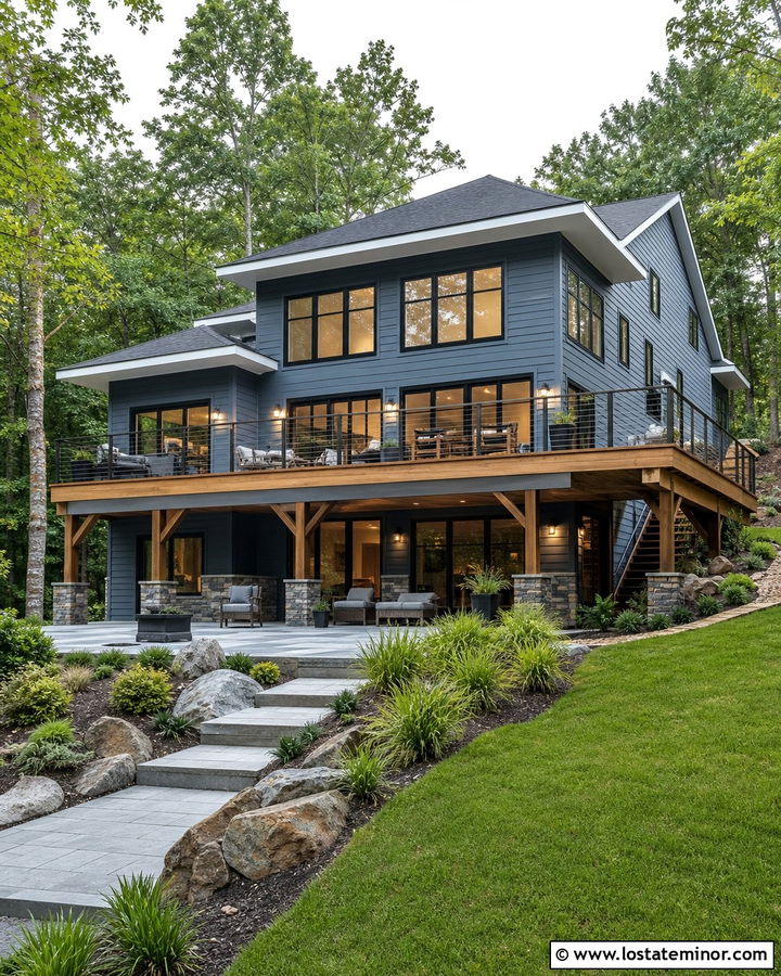 Denim Blue House With Deck Cable Railings - 30 Denim Blue House Design With Railings Ideas