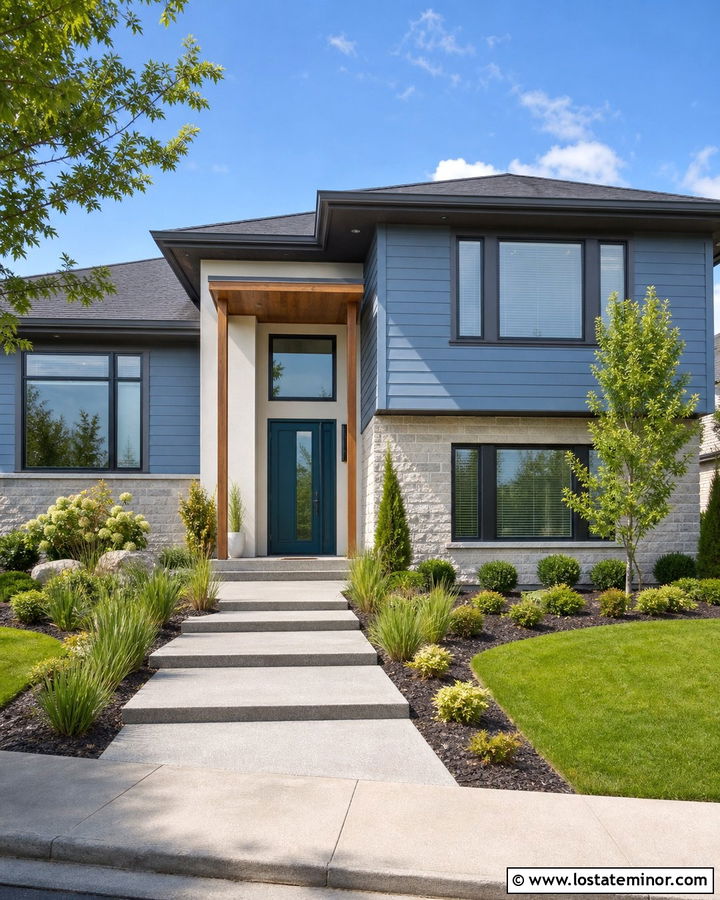 Denim Blue House With Deep Teal Front Door - 30 Denim Blue House Design With Entry Door Ideas