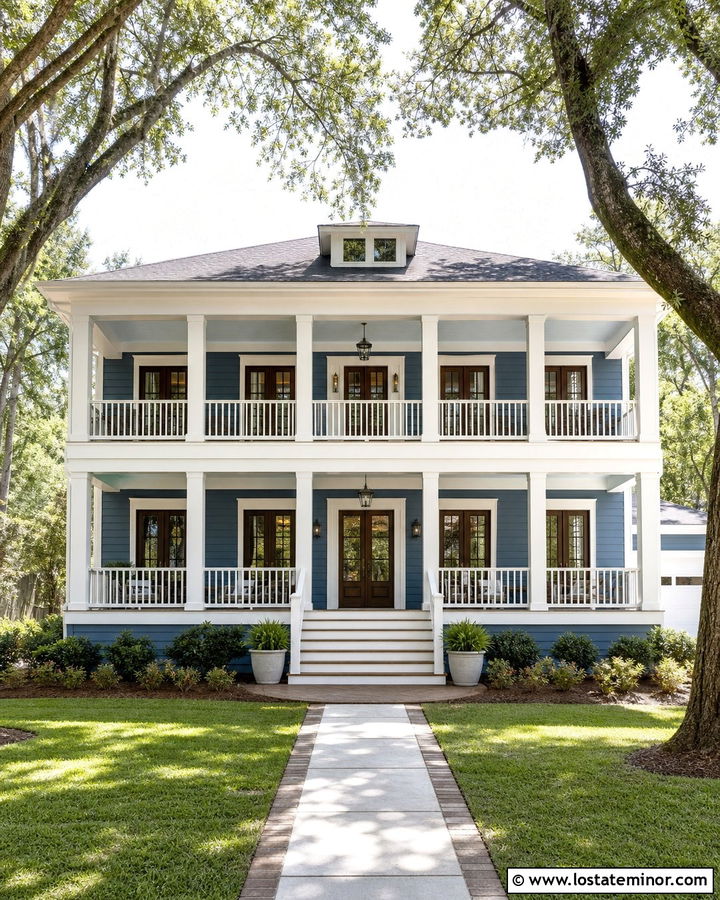 Denim Blue House With Double Front Porch - 30 Denim Blue House Design With Front Porch Ideas