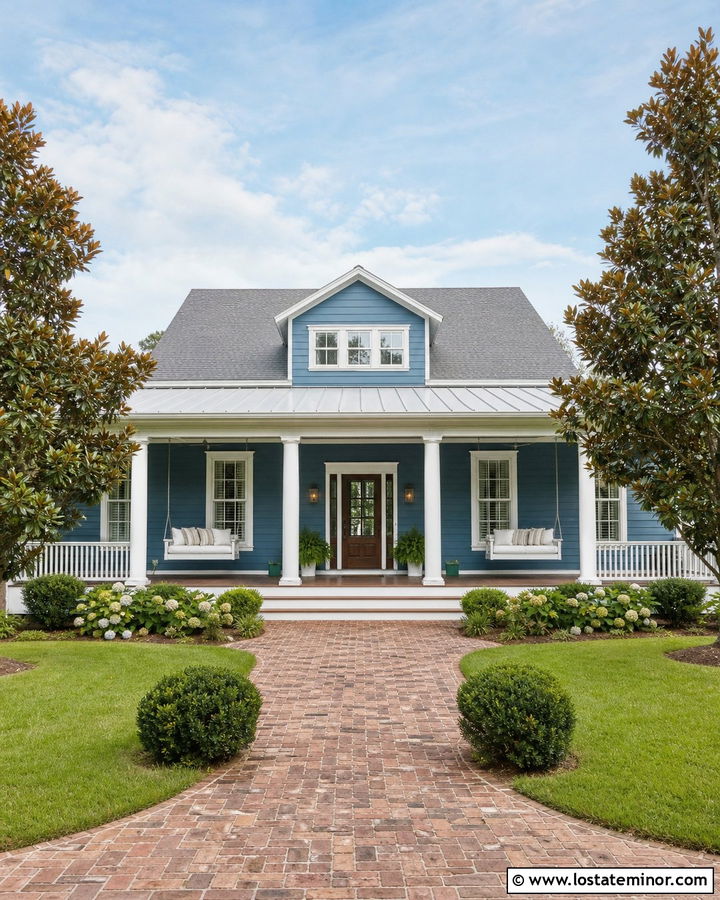 Denim Blue House With Double Porch Swings - 30 Denim Blue House Design With Swing Ideas