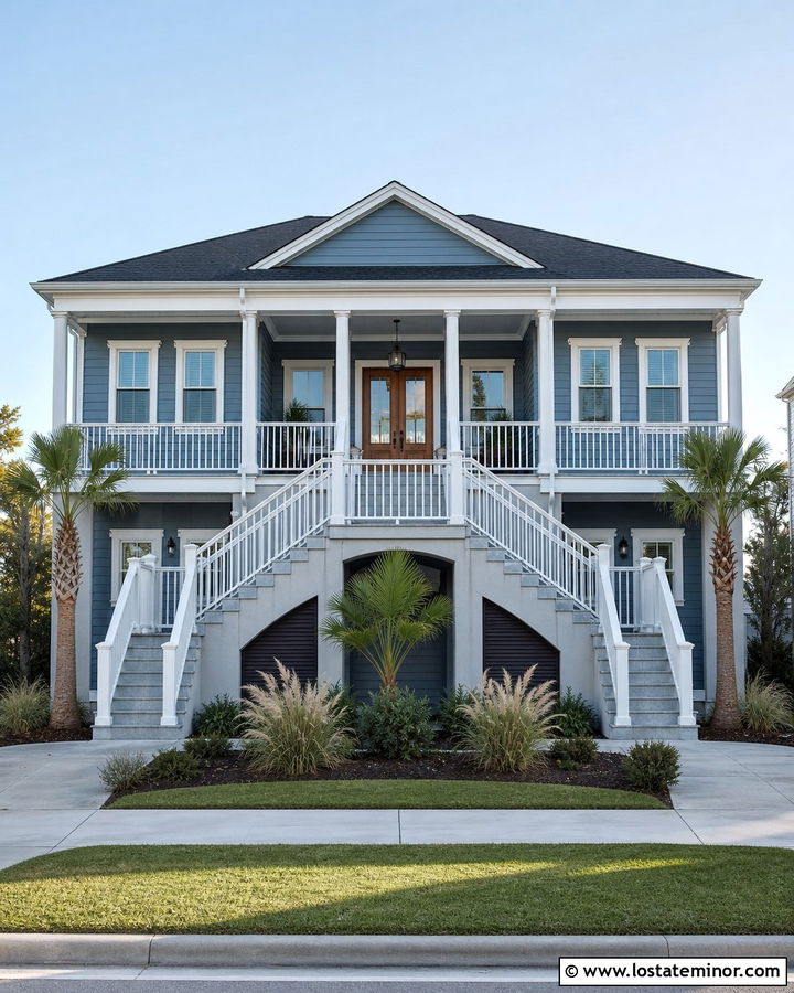 Denim Blue House With Double Staircase - 30 Denim Blue House Design With Steps Ideas