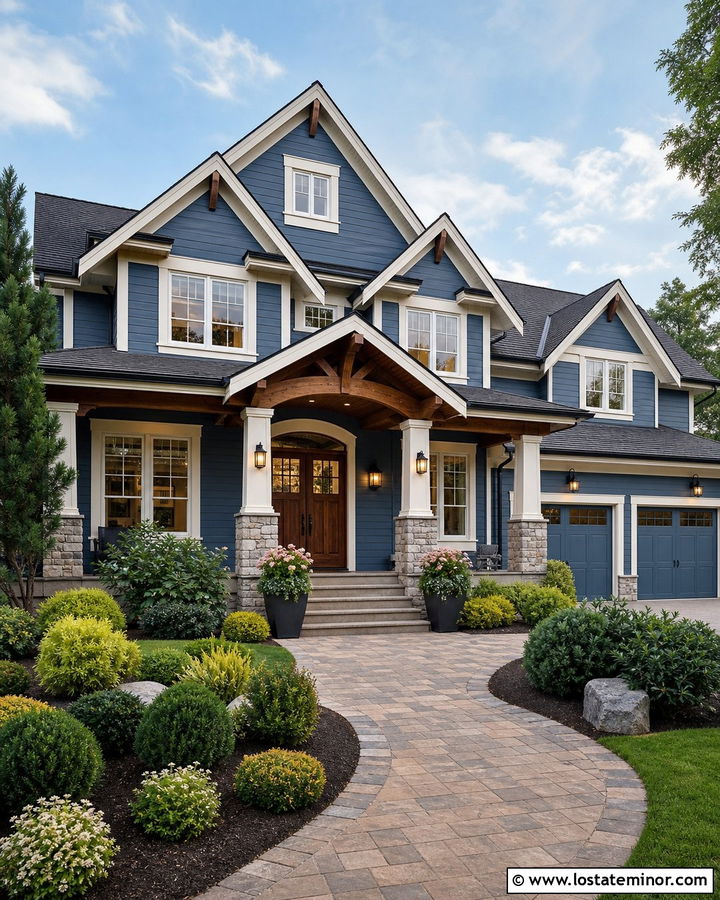 Denim Blue House With Double Wood Entry Door - 30 Denim Blue House Design With Entry Door Ideas