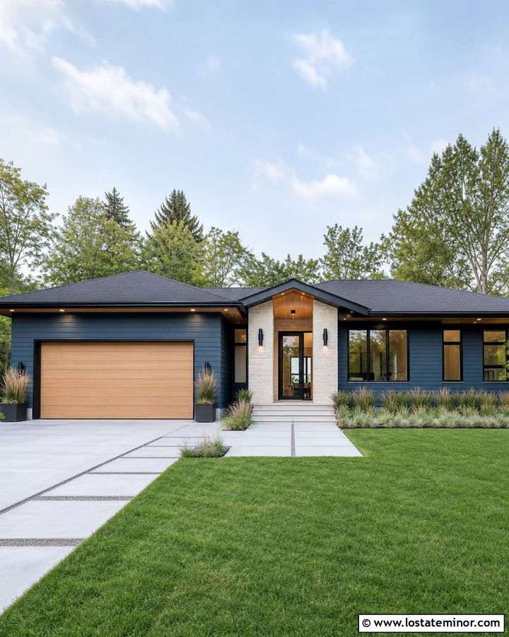Denim Blue House With Downlit Eaves - 30 Denim Blue House Design With Lighting Ideas