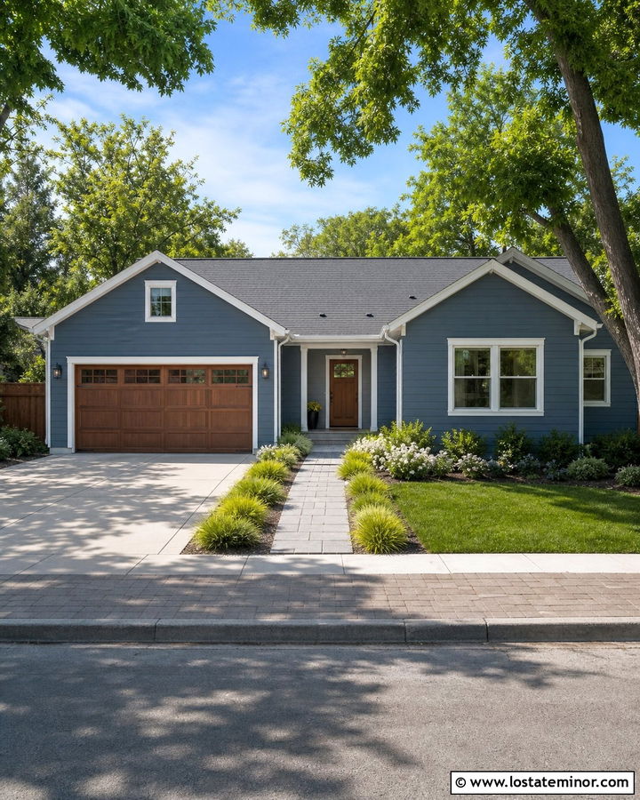 Denim Blue House With Driveway Walkway Connection - 30 Denim Blue House Design With Walkway Ideas