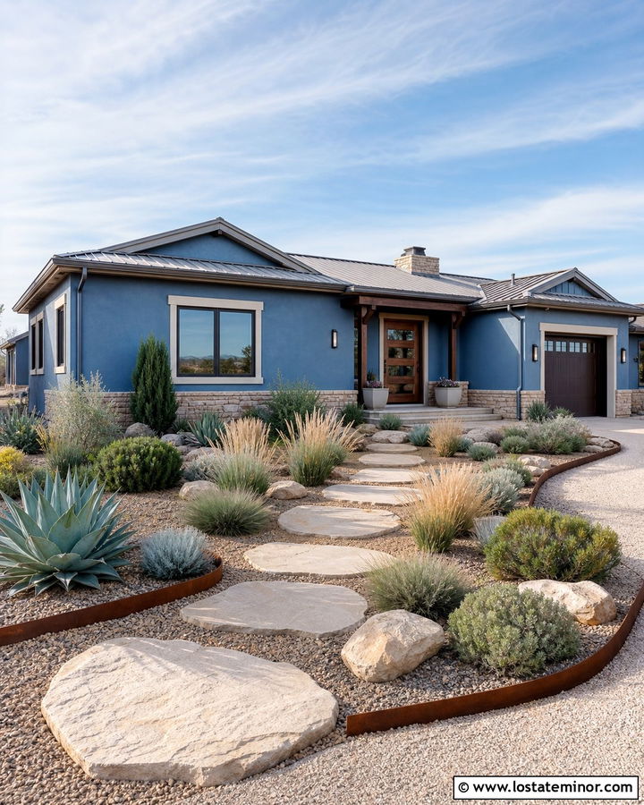 Denim Blue House With Drought Tolerant Walkway - 30 Denim Blue House Design With Walkway Ideas