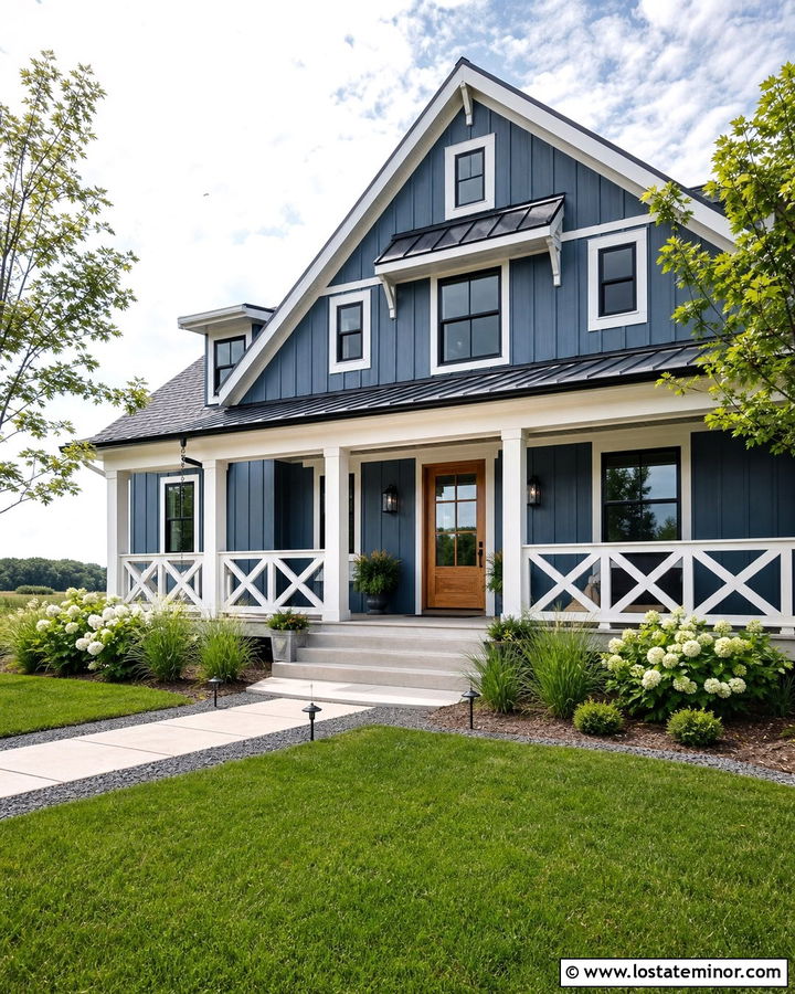 Denim Blue House With Farmhouse X Railings - 30 Denim Blue House Design With Railings Ideas