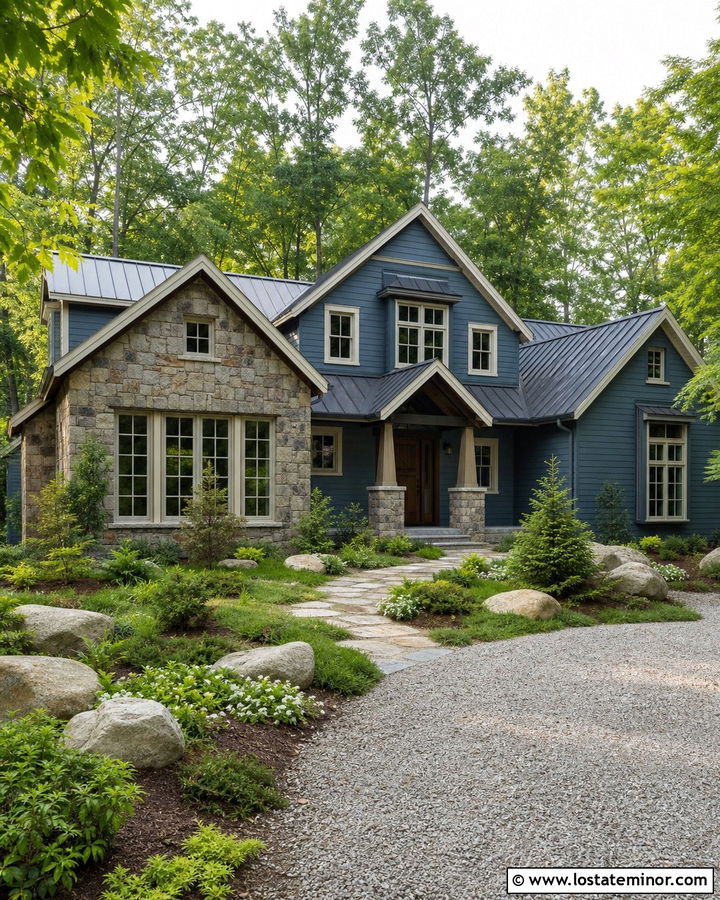 Denim Blue House With Fieldstone Sunroom - 30 Denim Blue House Design With Sunroom Ideas