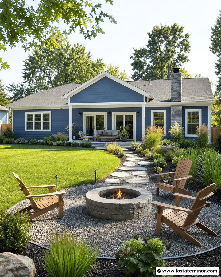 Denim Blue House With Fire Pit Area - 30 Denim Blue House Design With Backyard Ideas