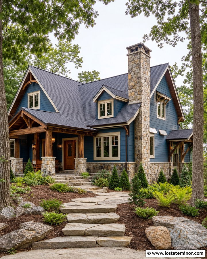 Denim Blue House With Flagstone Steps - 30 Denim Blue House Design With Steps Ideas