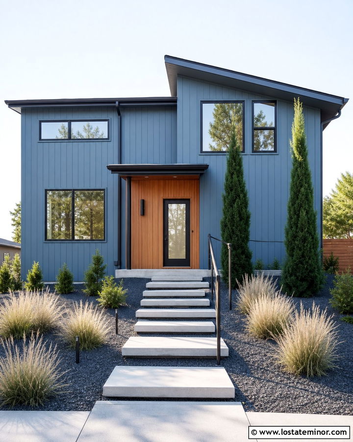 Denim Blue House With Floating Concrete Steps - 30 Denim Blue House Design With Steps Ideas