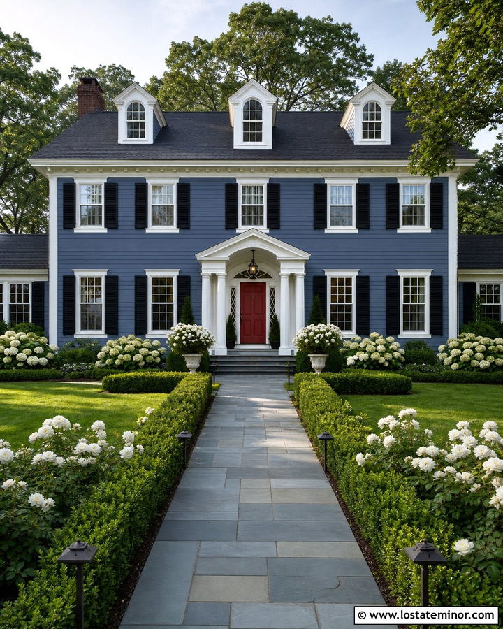 Denim Blue House With Formal Boxwood Walkway - 30 Denim Blue House Design With Walkway Ideas