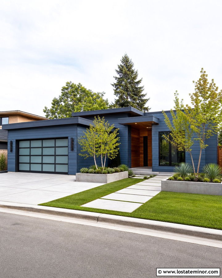 Denim Blue House With Frosted Glass Garage Door - 30 Denim Blue House Design With Garage Door Ideas