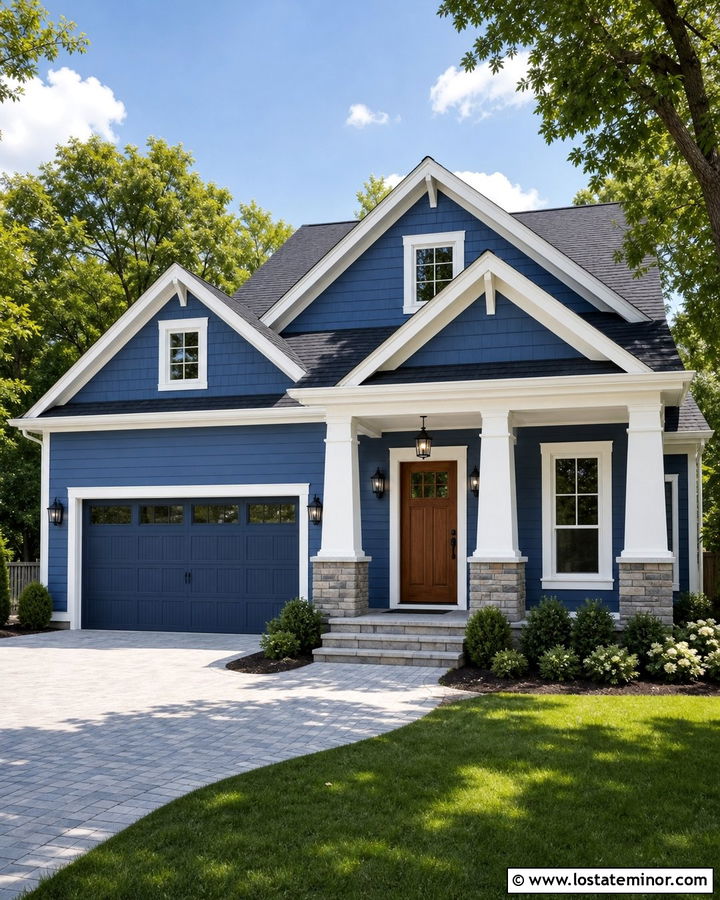Denim Blue House With Garage And Porch Columns - 30 Denim Blue House Design With Porch Columns Ideas