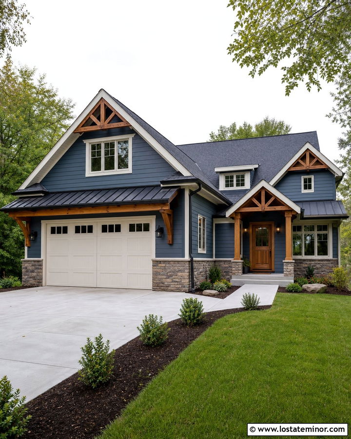 Denim Blue House With Garage Door Awning - 30 Denim Blue House Design With Awning Ideas