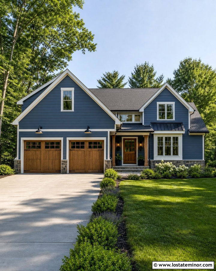 Denim Blue House With Garage Lighting - 30 Denim Blue House Design With Lighting Ideas