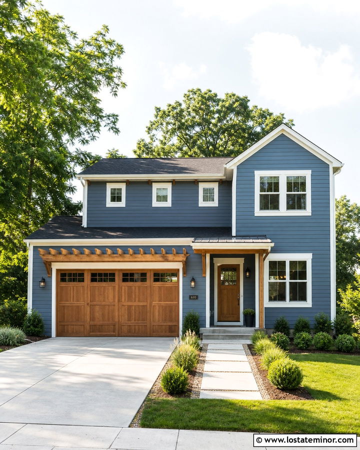 Denim Blue House With Garage Pergola - 30 Denim Blue House Design With Pergola Ideas
