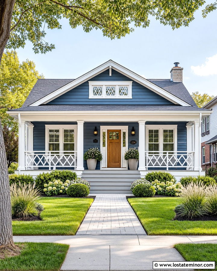 Denim Blue House With Geometric Railings - 30 Denim Blue House Design With Railings Ideas
