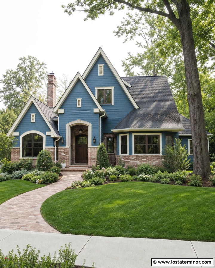 Denim Blue House With German Schmear Brick - 30 Denim Blue House Design With Brick Accents Ideas