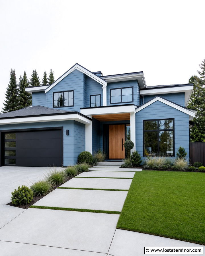 Denim Blue House With Grass Joint Walkway - 30 Denim Blue House Design With Walkway Ideas