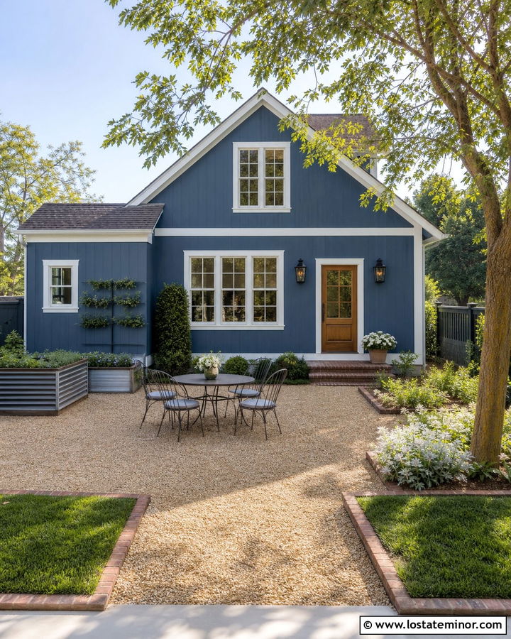 Denim Blue House With Gravel Courtyard - 30 Denim Blue House Design With Backyard Ideas