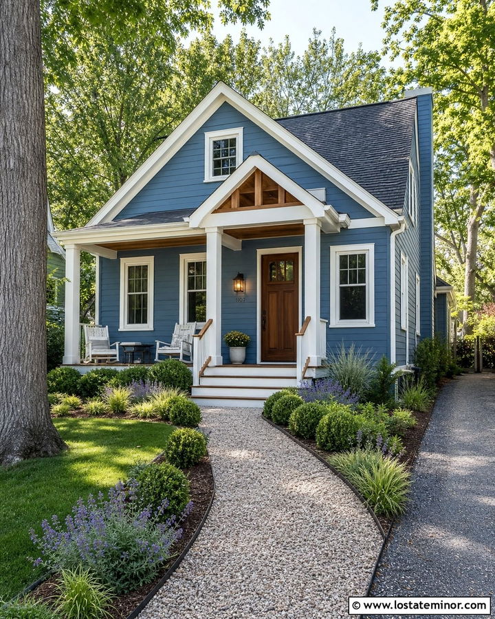 Denim Blue House With Gravel Walkway - 30 Denim Blue House Design With Walkway Ideas