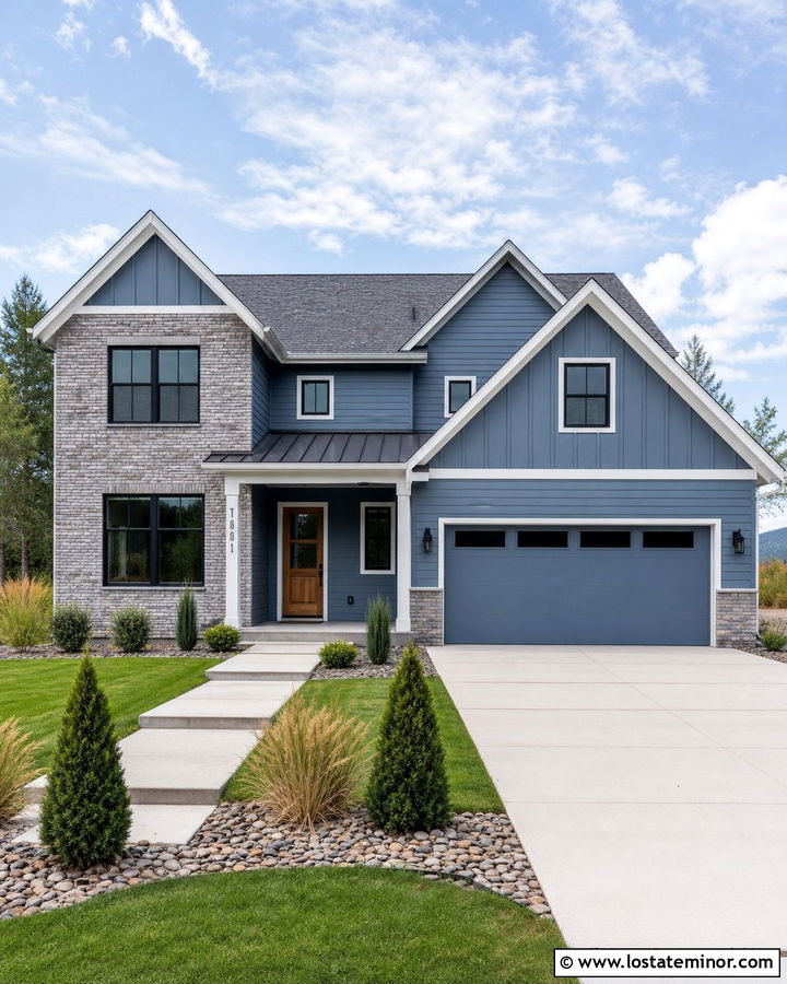 Denim Blue House With Gray Brick - 30 Denim Blue House Design With Brick Accents Ideas
