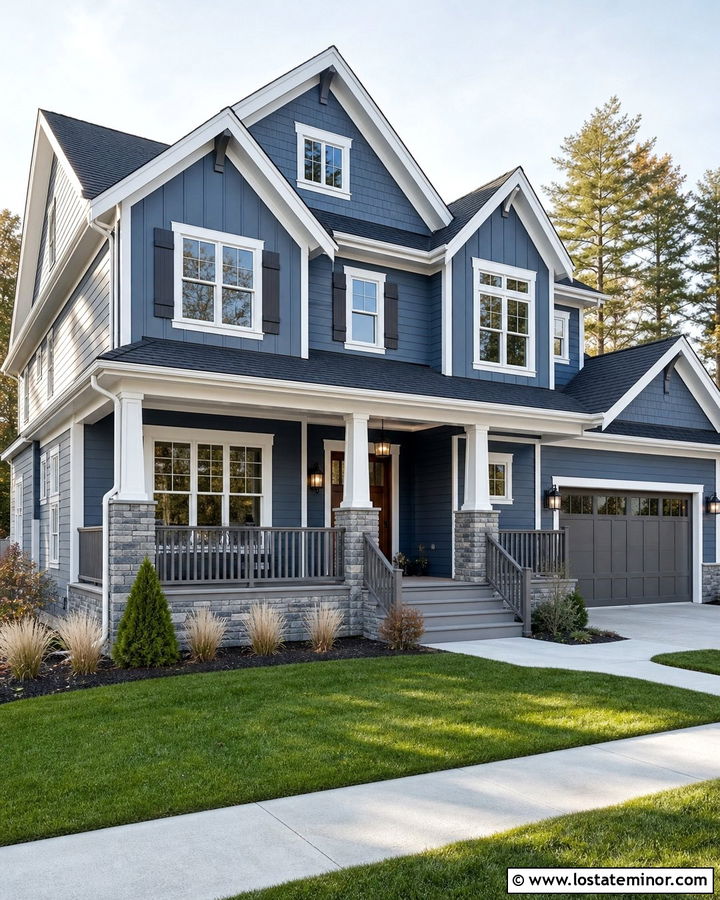 Denim Blue House With Gray Composite Railings - 30 Denim Blue House Design With Railings Ideas