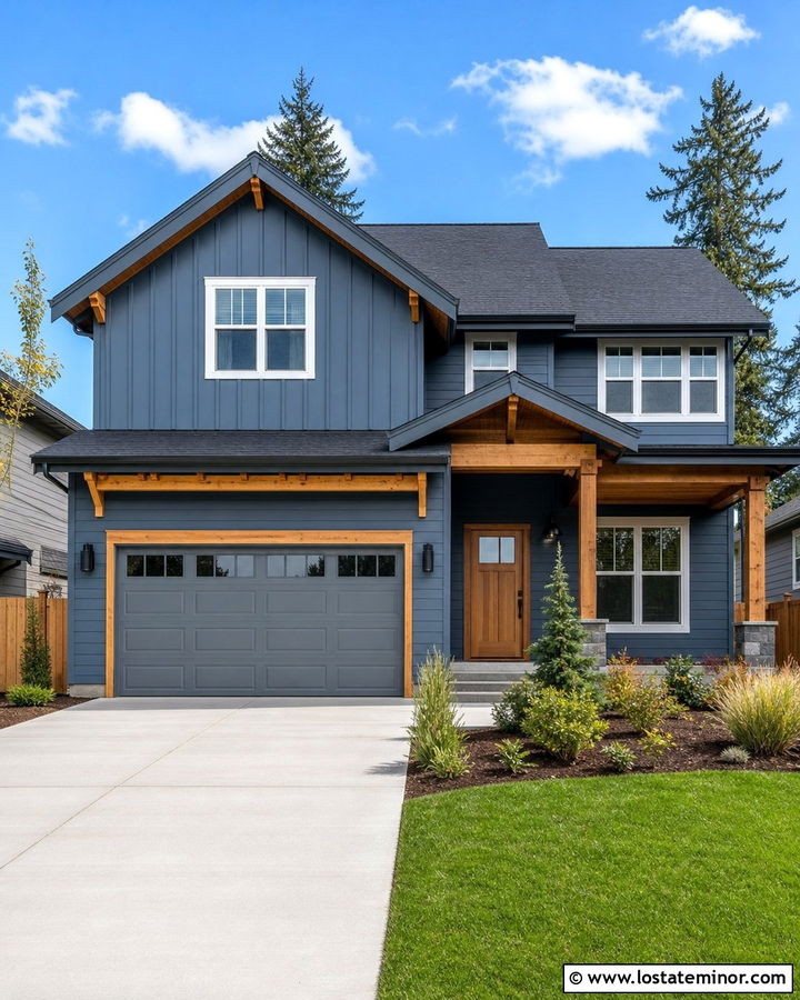 Denim Blue House With Gray Garage Door And Wood Trim - 30 Denim Blue House Design With Garage Door Ideas