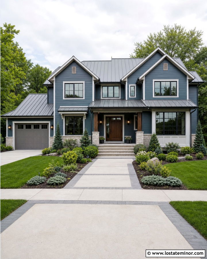 Denim Blue House With Gray Metal Awning - 30 Denim Blue House Design With Awning Ideas