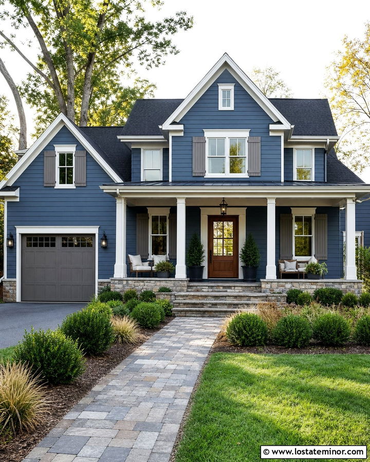 Denim Blue House With Gray Shutters And Stone Porch - 30 Denim Blue House Design With Shutters Ideas