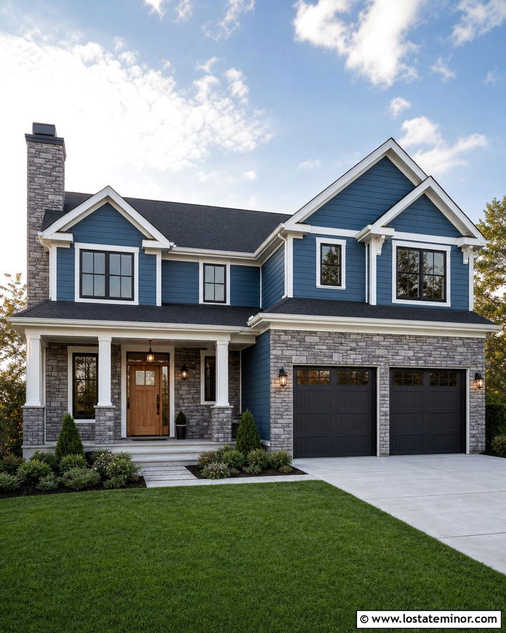 Denim Blue House With Gray Stacked Stone - 30 Denim Blue House Design With Stone Accents Ideas