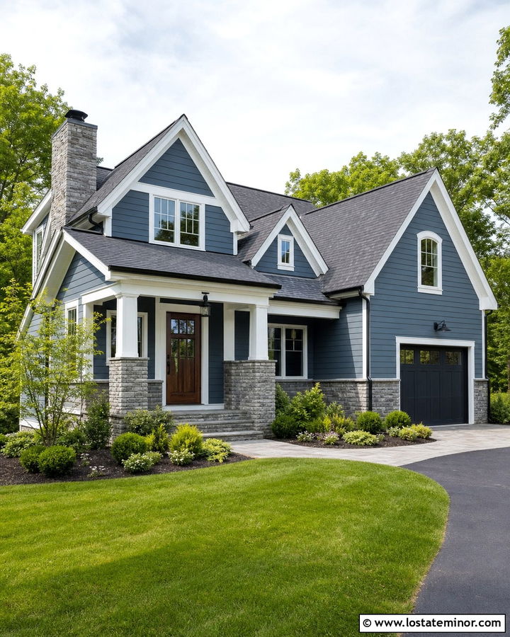 Denim Blue House With Gray Stone Accents - 30 Denim Blue House Design With Accents Ideas
