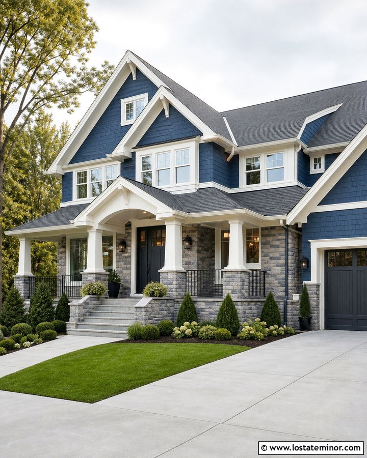 Denim Blue House With Gray Stone And Pewter Shingles - 30 Denim Blue House Design With Shingles Ideas