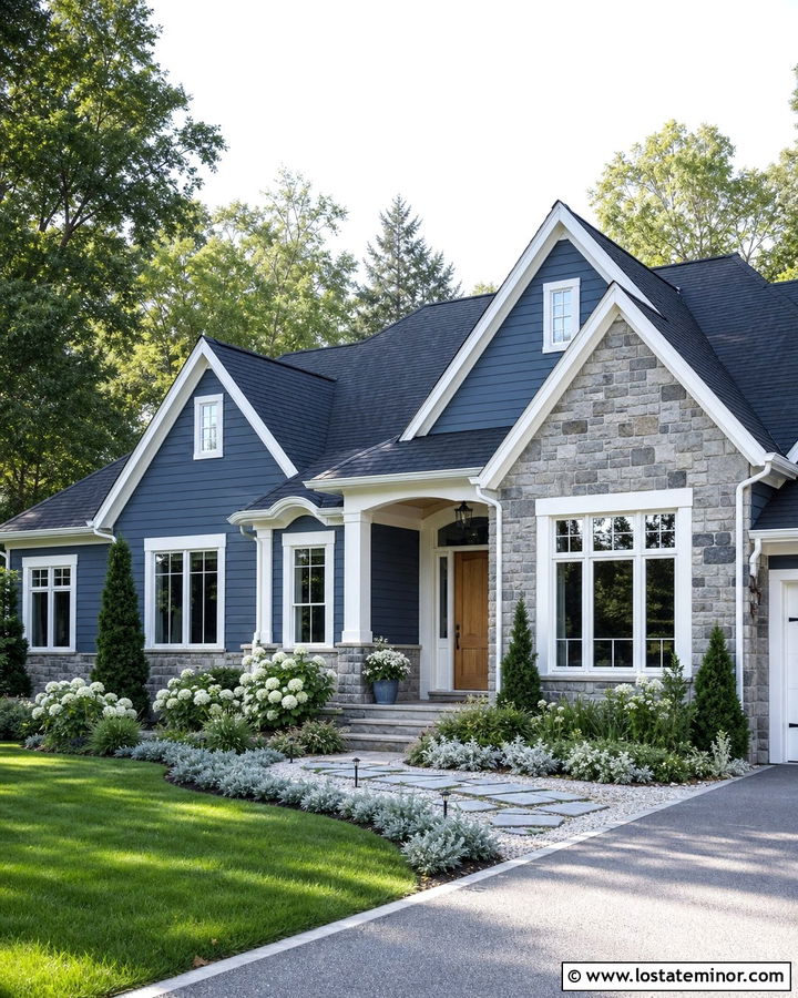 Denim Blue House With Gray Stone And White Flowers - 30 Denim Blue House Design With Landscaping Ideas