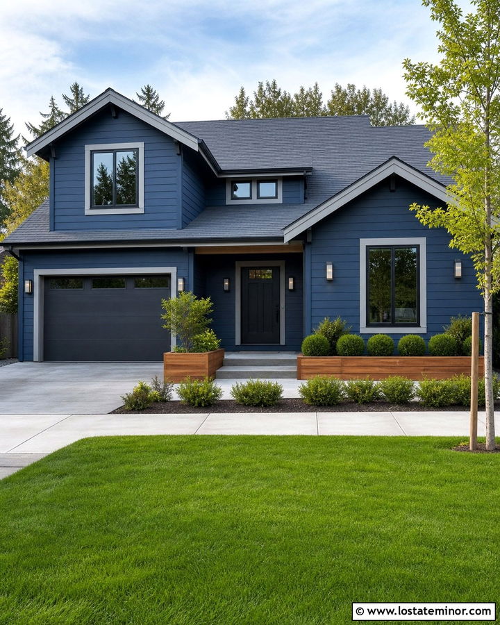 Denim Blue House With Gray Trim And Silver Lights - 30 Denim Blue House Design With Lighting Ideas