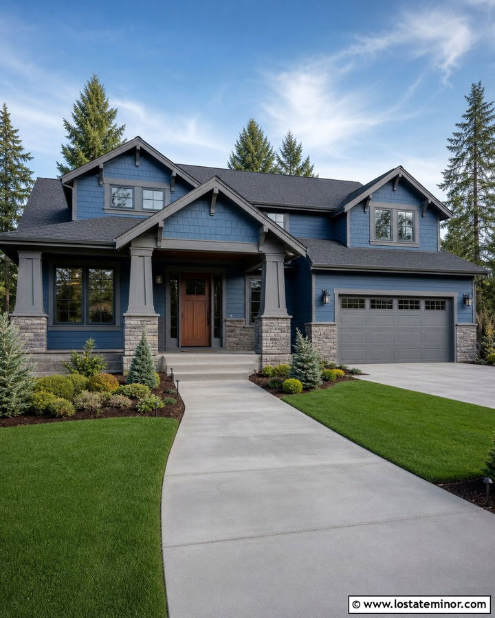 Denim Blue House With Gray Trim And Stone - 30 Denim Blue House Design With Trim Ideas