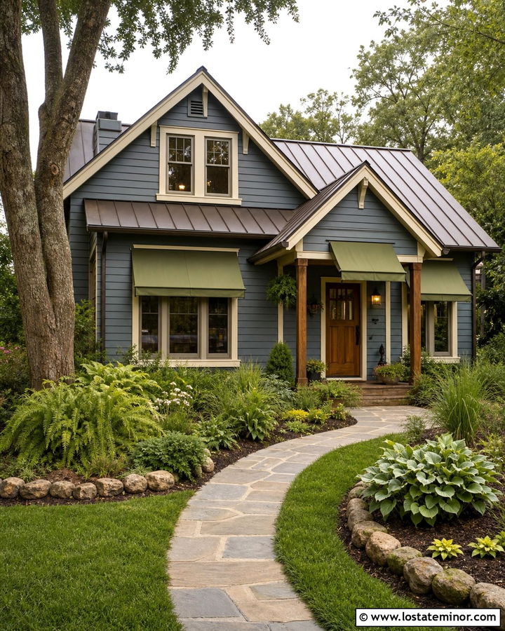 Denim Blue House With Green Canvas Awning - 30 Denim Blue House Design With Awning Ideas