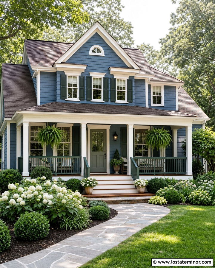 Denim Blue House With Green Porch Railings - 30 Denim Blue House Design With Railings Ideas