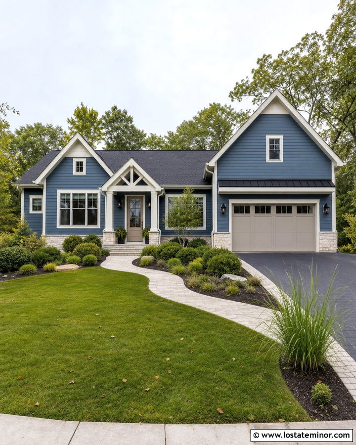 Denim Blue House With Greige Front Door - 30 Denim Blue House Design With Front Door Ideas